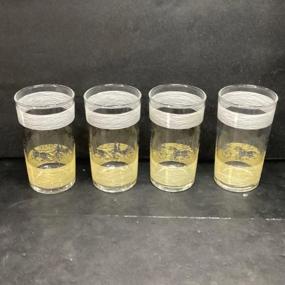 Libbey Mid Century Tumblers, Set of 4, Vintage Black Horse & Carriage‎ Design